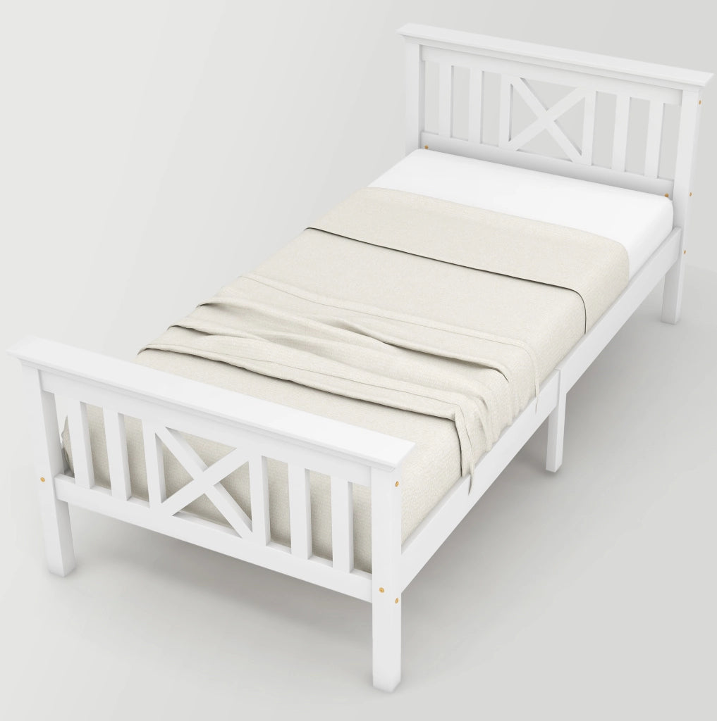 Letto singolo 90x200 cm in legno massello e MDF con testiera a X; bianco