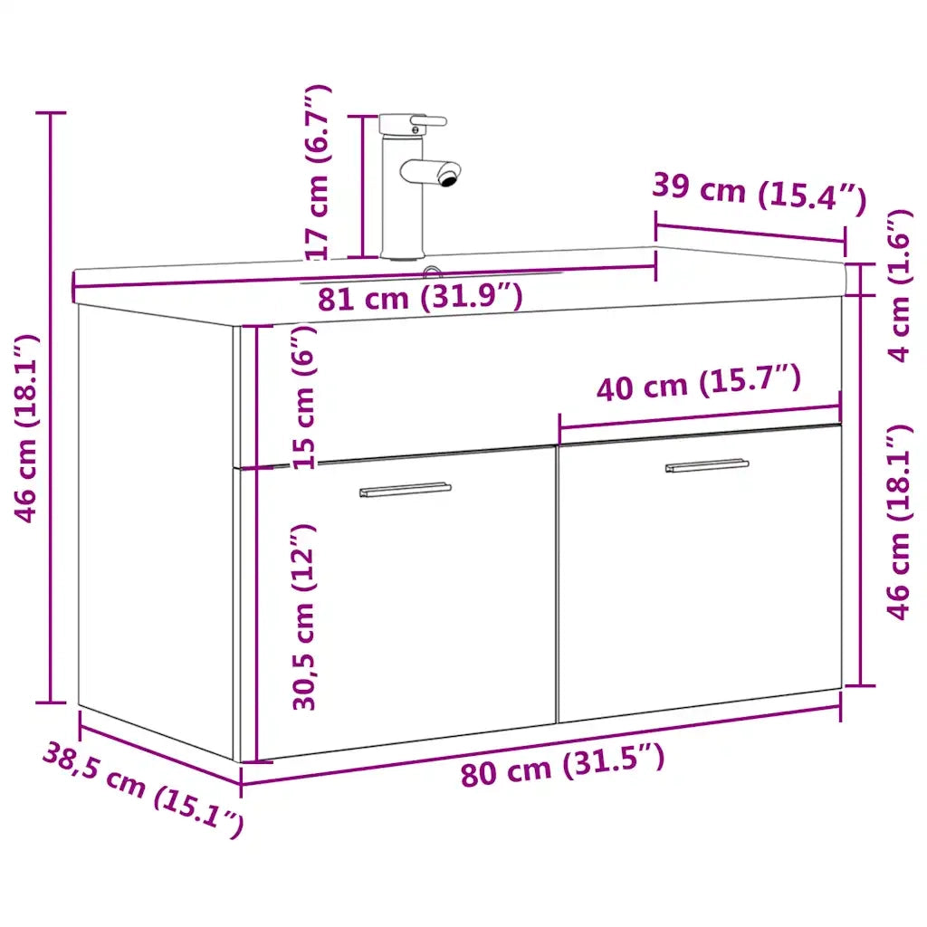 Mobile da Bagno con Lavabo Integrato e Rubinetto Grigio Cemento