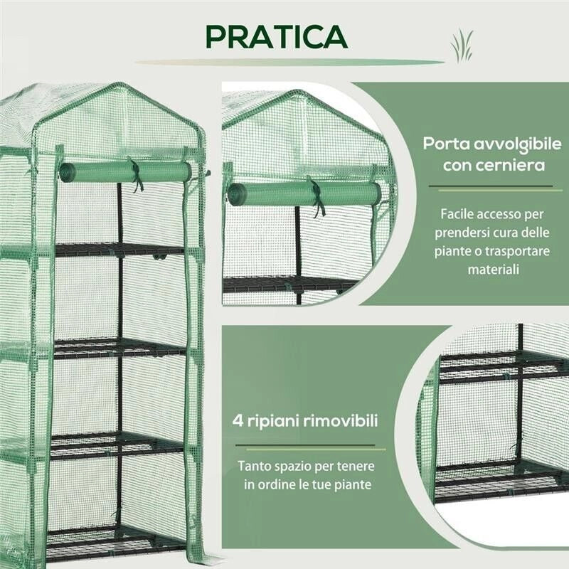 SERRA PER PIANTE VERTICALE CON SCAFFALE A 4 RIPIANI IN ACCIAIO E PE VERDE SCURO, 70X50X160 CM
