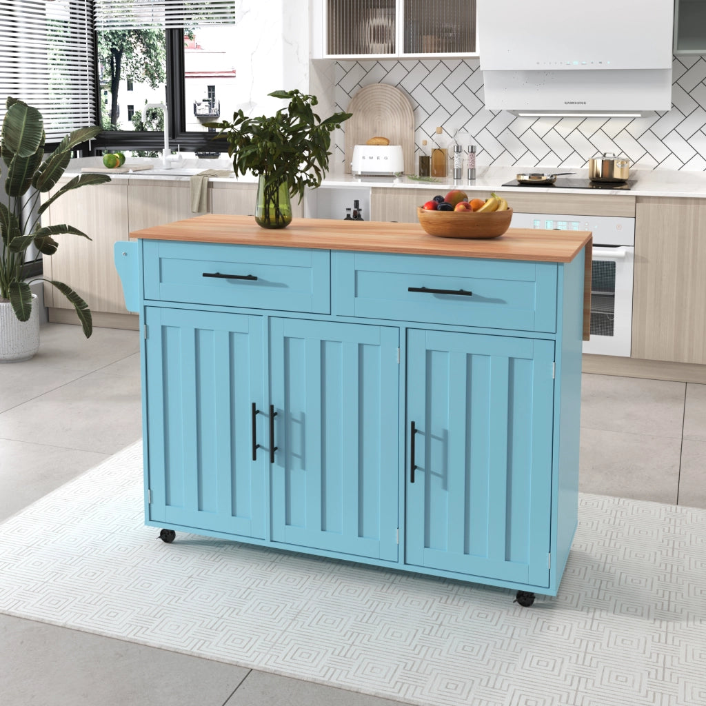 Isola da Cucina Mobile 129x46/71x91,5 cm Azzurra e Legno con Piano Ribaltabile, 2 Cassetti e 5 Ruote