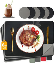 Set di 6 piatti per tavola, piatti per tavola lavabili e sottopiani in pelle a imitazione, 43 x 30 cm, impermeabili, termoresistenti, piatti per tavola a due colori, pelle, piatti per bambini (nero + grigio, 6)
