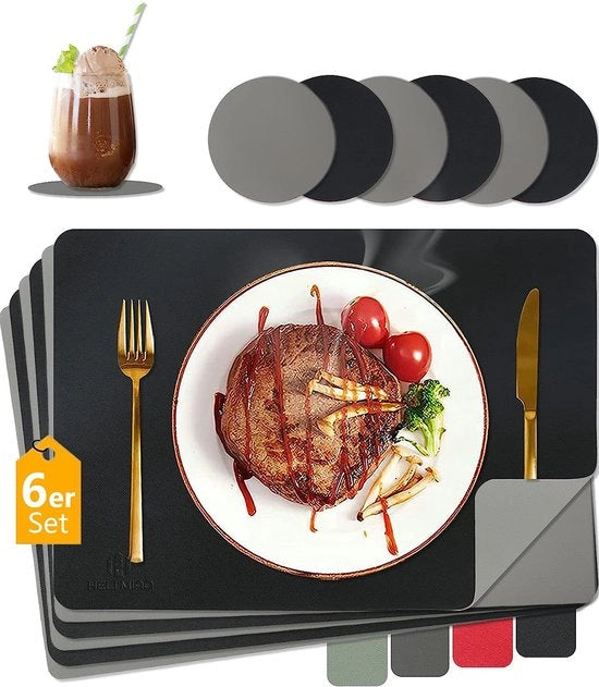 Set di 6 piatti per tavola, piatti per tavola lavabili e sottopiani in pelle a imitazione, 43 x 30 cm, impermeabili, termoresistenti, piatti per tavola a due colori, pelle, piatti per bambini (nero + grigio, 6)
