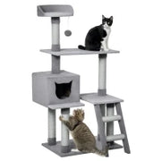 Tiragraffi Palestra per Gatti Multilivello con Casetta Scala Piattaforme, Pali in Corda di Juta, Grigio, 60.5x40x124cm