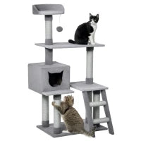 Tiragraffi Palestra per Gatti Multilivello con Casetta Scala Piattaforme, Pali in Corda di Juta, Grigio, 60.5x40x124cm