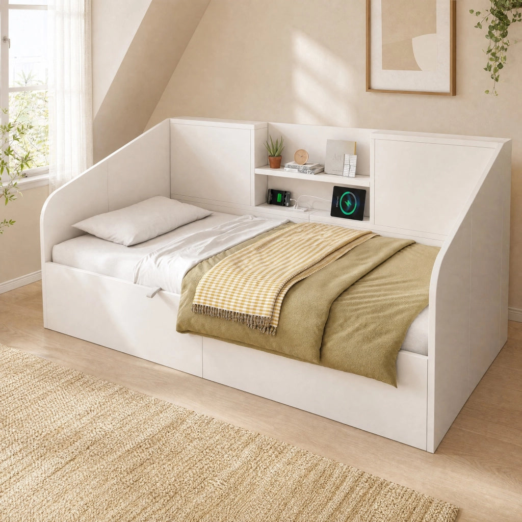 LETTO DA GIORNO 90x200 cm Bianco in Legno con ricarica USB/Type-C