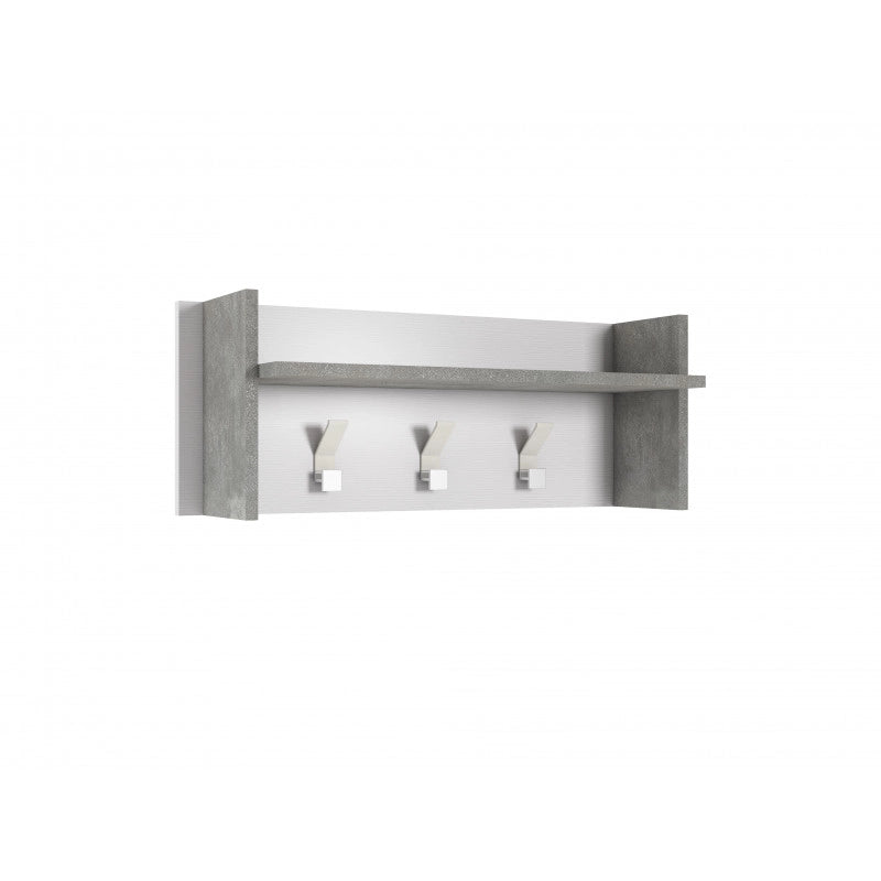 Pannello appendiabiti a parete con ripiano e 3 ganci bianco e cemento 90x29x34 cm - Terraneo