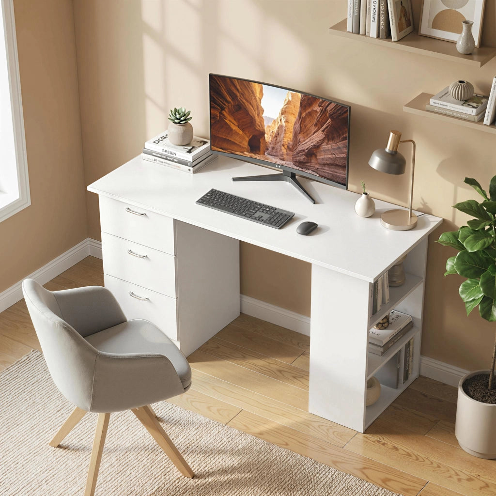 Scrivania con 3 Cassetti e 3 Ripiani ¨C zephmum ¨C Legno 120x49x72cm Bianco
