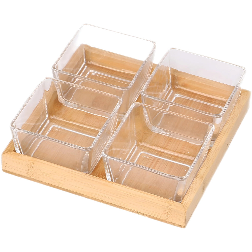 Set 4 ciotole in vetro con base in bambù naturale Solido e Pratico Trasparente Cheffinger