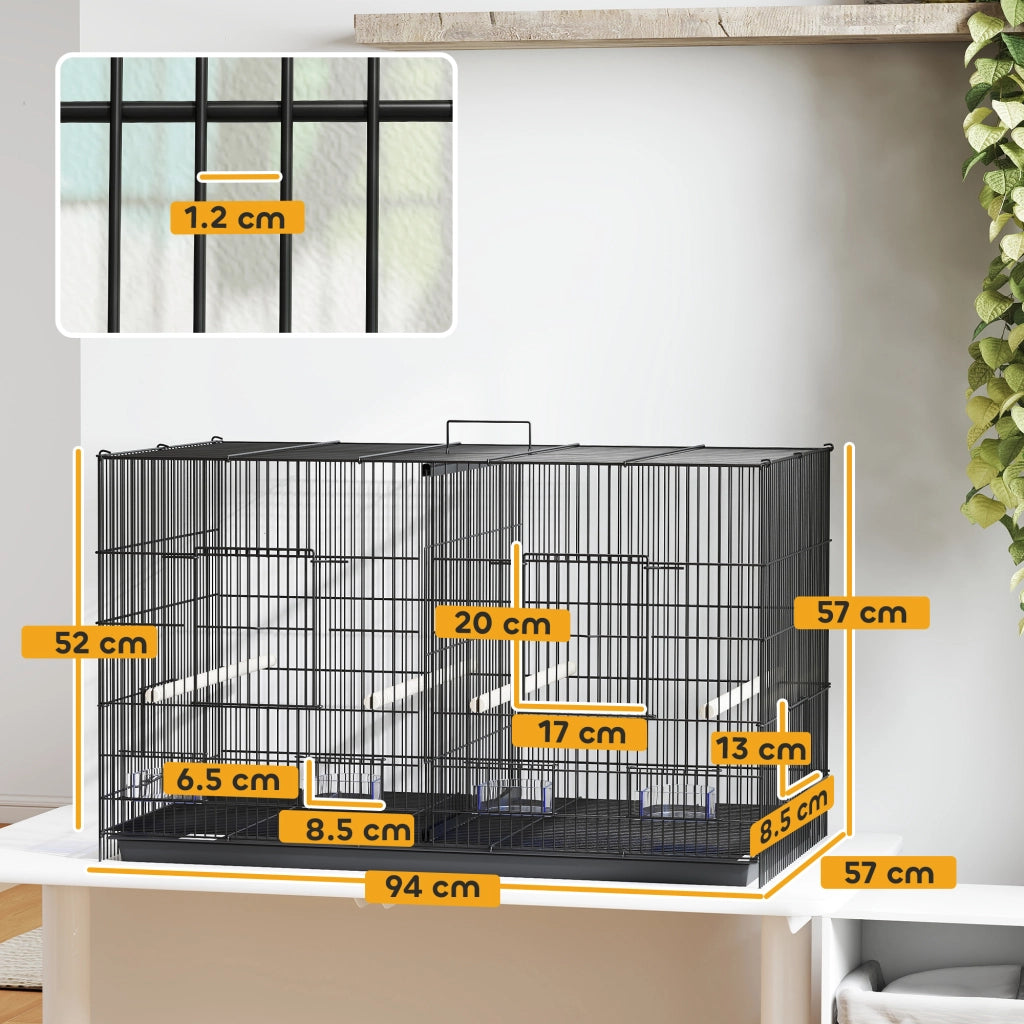Gabbia per Uccelli con Divisorio e Ripiano ¨C zephmum ¨C Nero, Acciaio e PP, 94x57x57 cm