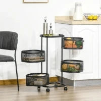 Carrello Portavivande con 4 Cestelli, Piano d'Appoggio e Ruote, in Acciaio e PP, 33x33x77 cm
