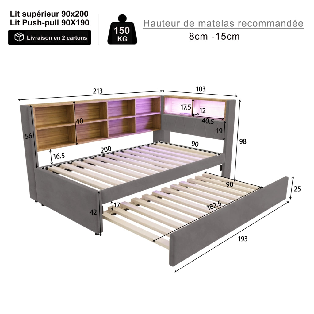 Divano letto 90x200 cm con letto estraibile e luci LED; flanella; grigio scuro