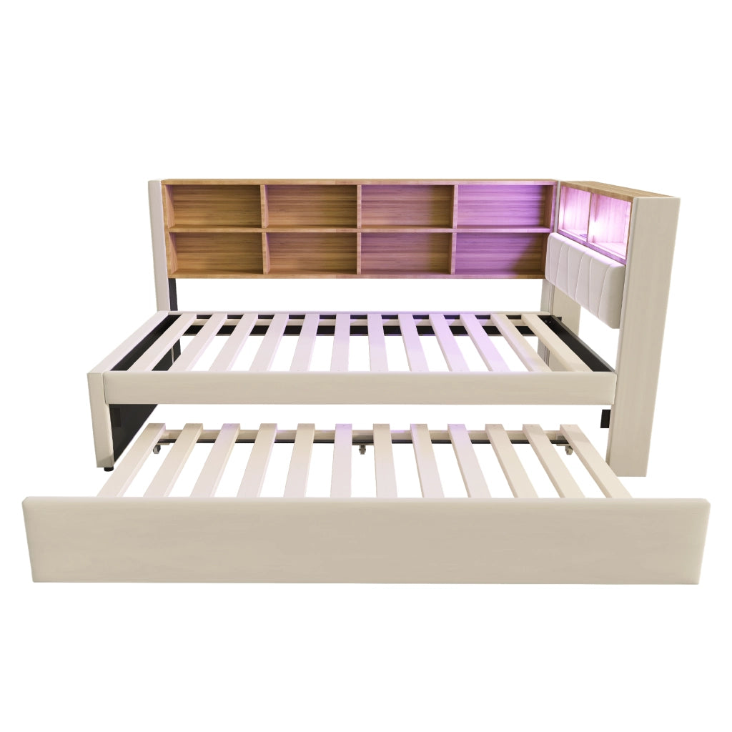 OKWISH Letto a Divano 90×200 cm, Letto Singolo con Letto Estraibile 90×190 cm, LED, USB, Tipo C e Prese, senza Materasso, Beige