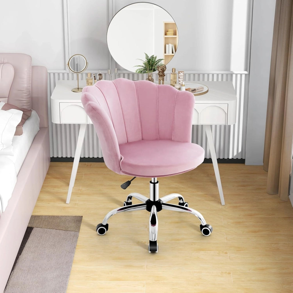 Sedia da Scrivania in Velluto, Poltrona Girevole con Altezza Regolabile, con Schienale a Forma di Petalo e Ruote, per Casa Ufficio, Carico Massimo 150 kg (Rosa)