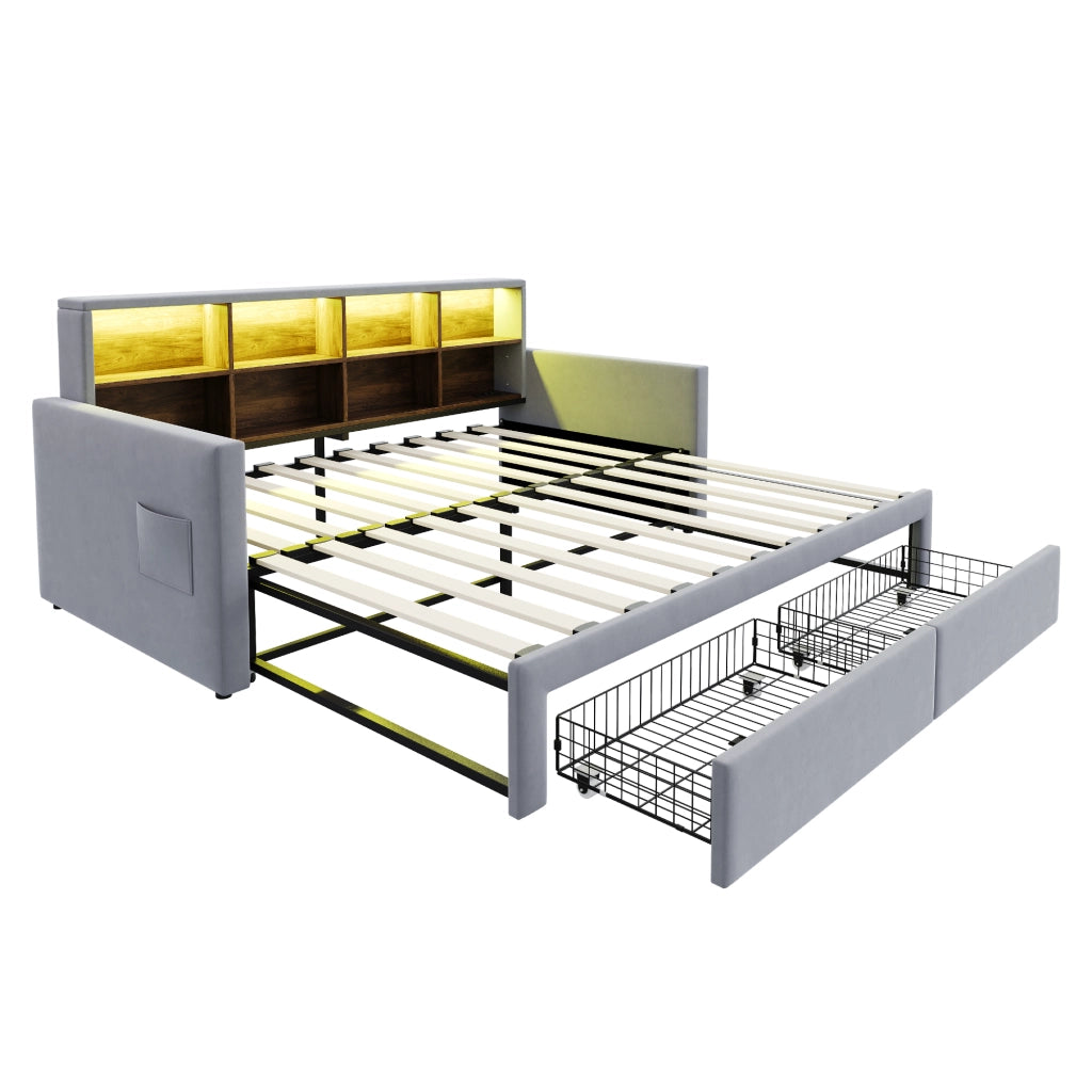 Letto a Divanetto 90x190 cm; estraibile a 180 cm; con LED; USB; Type-C in Velluto