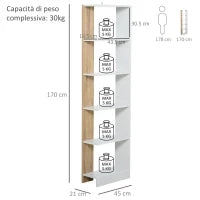 Scaffale Libreria a Parete in Legno Color Rovere e Bianco con 5 Ripiani, Antiribaltamento, 45 x 21 x 170cm