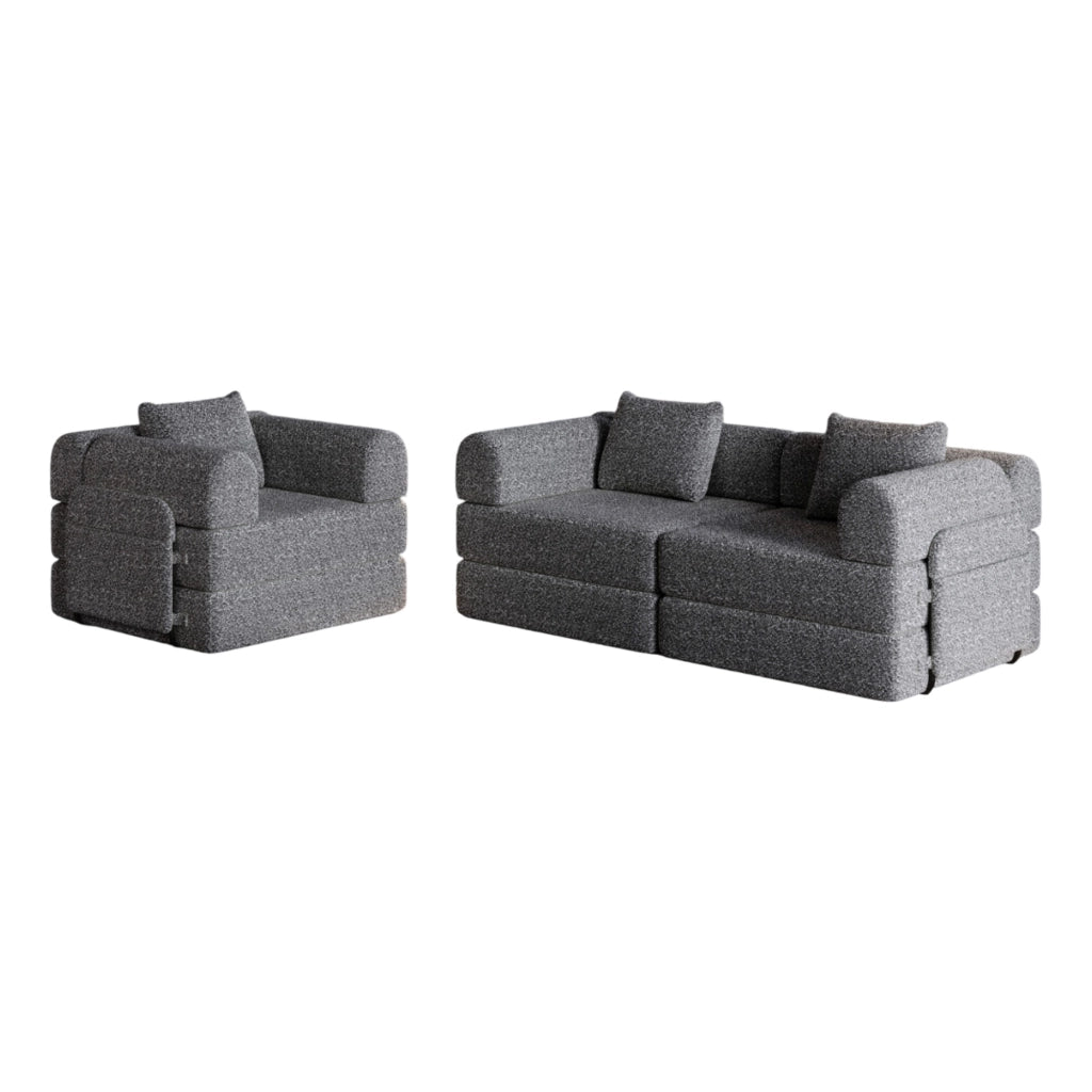 Divano letto singolo in chenille grigio con vano portaoggetti nel bracciolo, struttura in acciaio e fondo antiscivolo