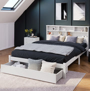 LETTO matrimoniale 140x200 cm bianco in legno con testiera a libreria e cassetti