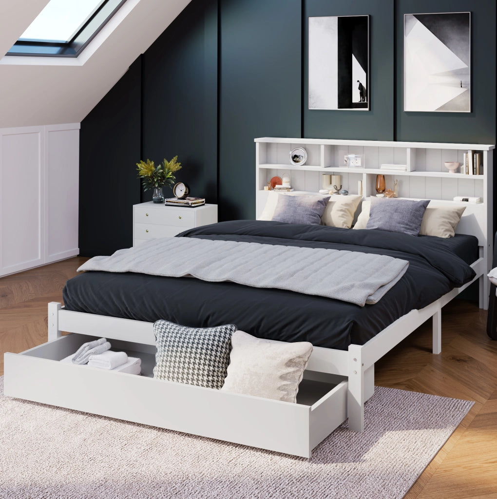 LETTO matrimoniale 140x200 cm bianco in legno con testiera a libreria e cassetti