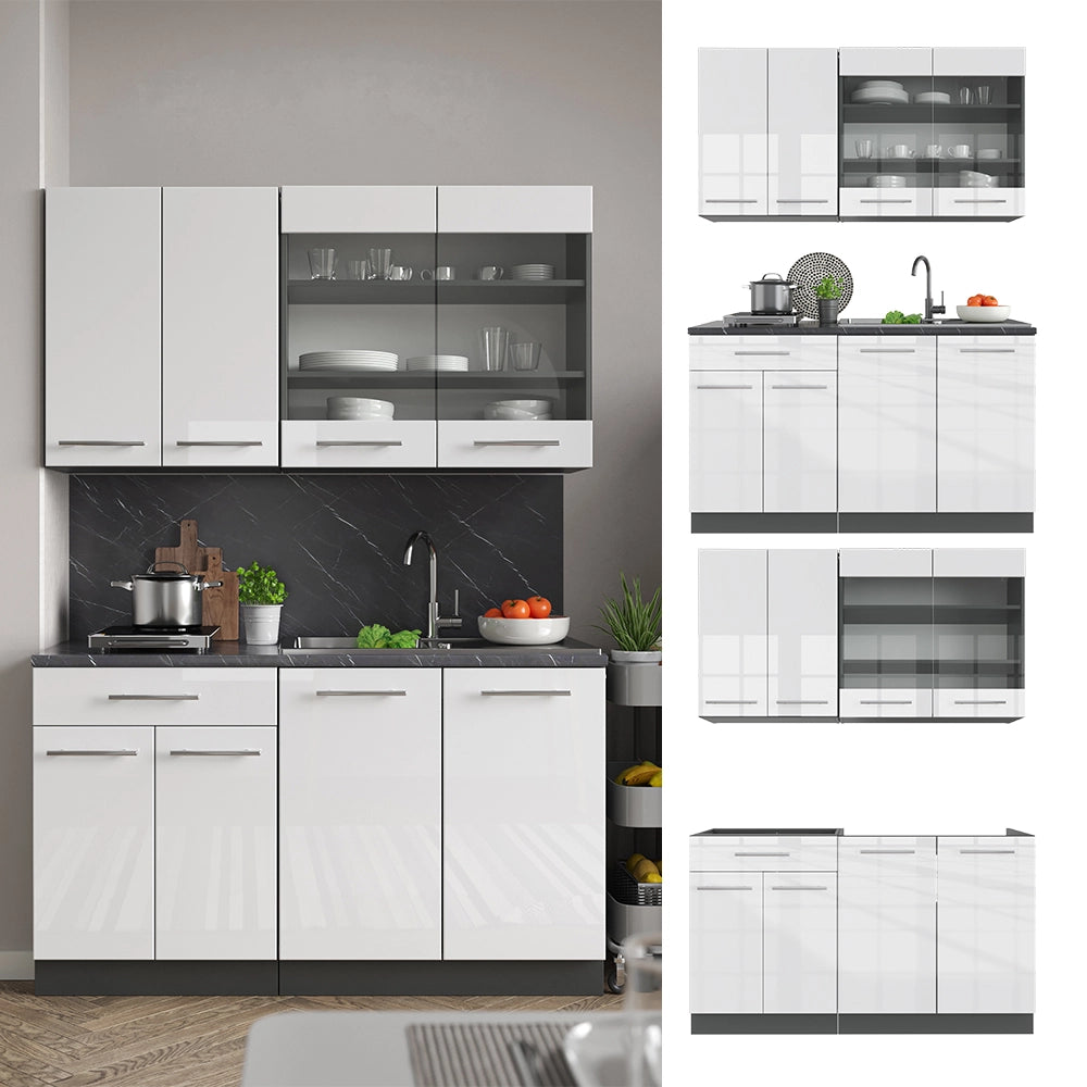 Cucina completa Fame-Line Bianco lucido/Antracite 140 cm, PL Marmo Vicco
