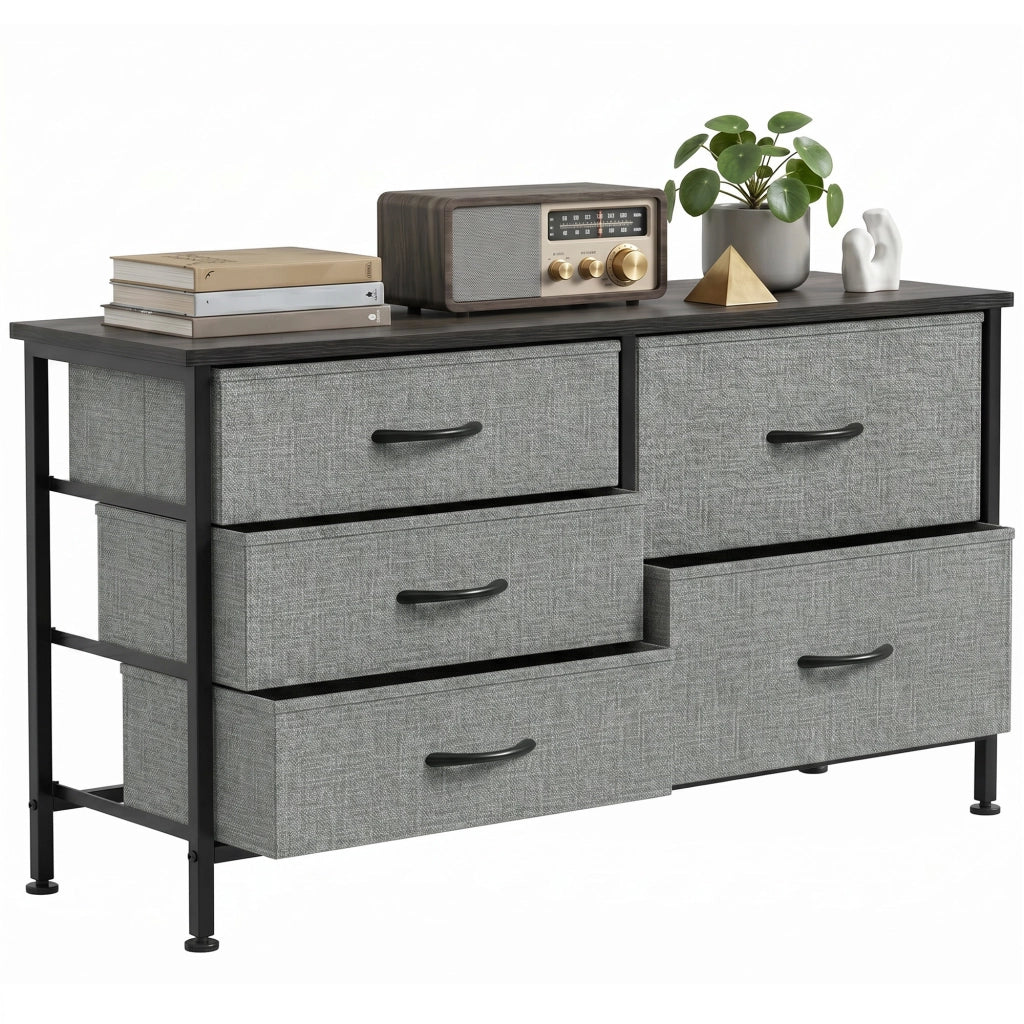Cassettiera 5 Cassetti Tessuto Grigio Nero ¨C Zephmum ¨C Acciaio 60x40x138