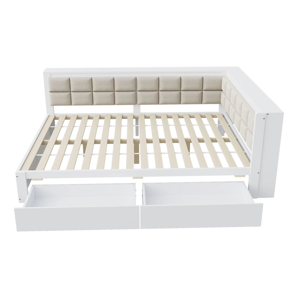 OKWISH Letto divano 140×200 cm, Letto Matrimoniale con 2 Cassetti, Schienale Imbottito e Mensole, senza Materasso, in Legno, Bianco