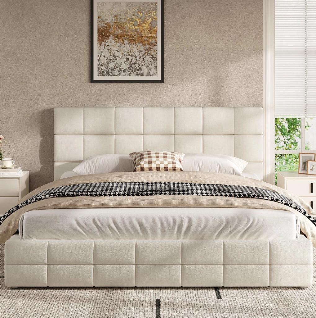 Letto piattaforma imbottito 180x200 cm in velluto beige con testiera