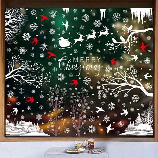 reni, fiocchi di neve, adesivi statici, colibrì, casette di neve e adesivi di vetro con "Buon Natale" (371 elementi)