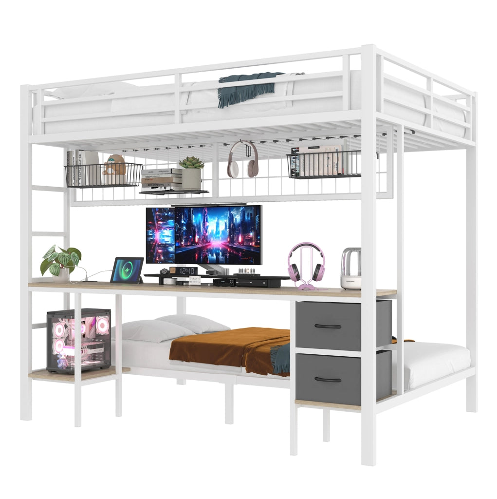 Letto a soppalco 140x200 cm in metallo con scrivania, contenitori LED e USB, bianco