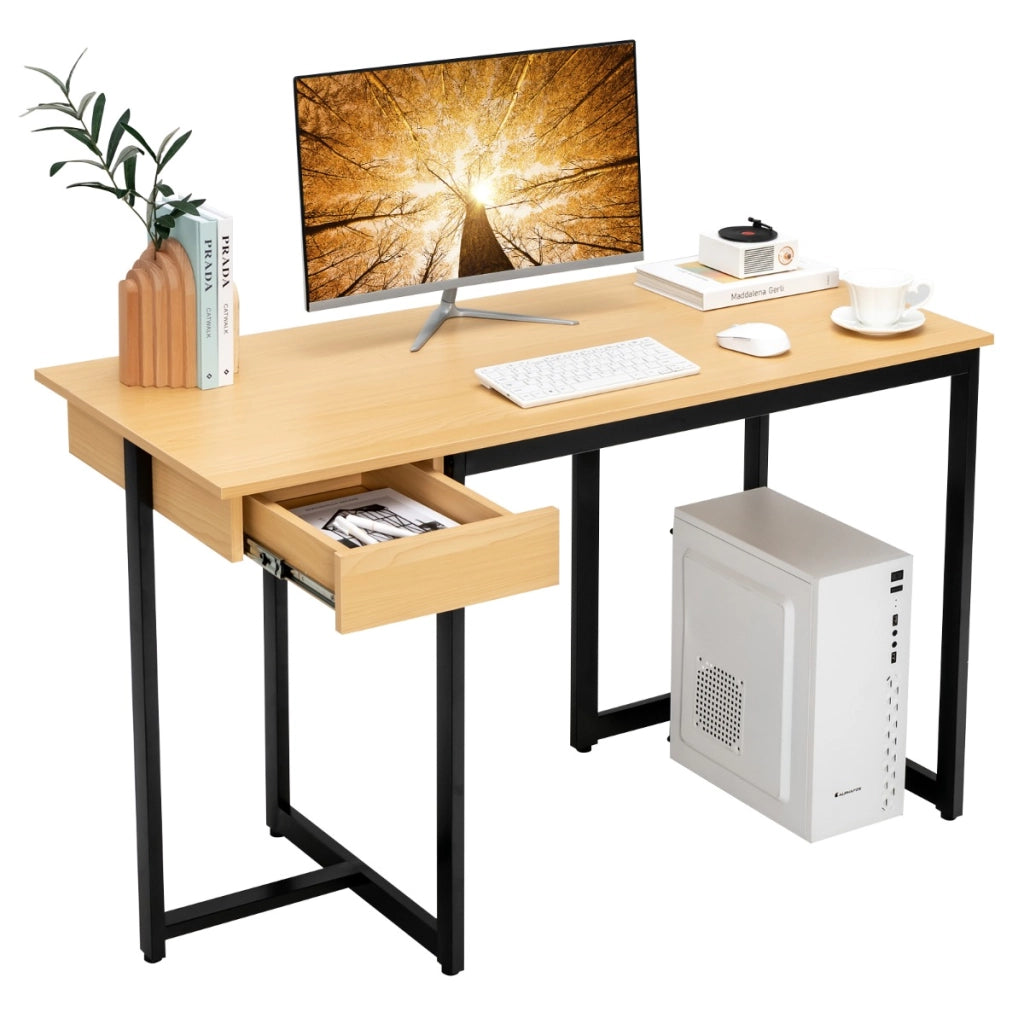 Scrivania per computer 120cm con cassetto, Scrivania per ufficio con struttura in metallo piedini regolabili Naturale