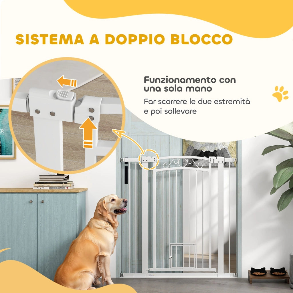 Cancelletto di Sicurezza con Estensioni 76-104 cm e Porta per Gatti Bianco