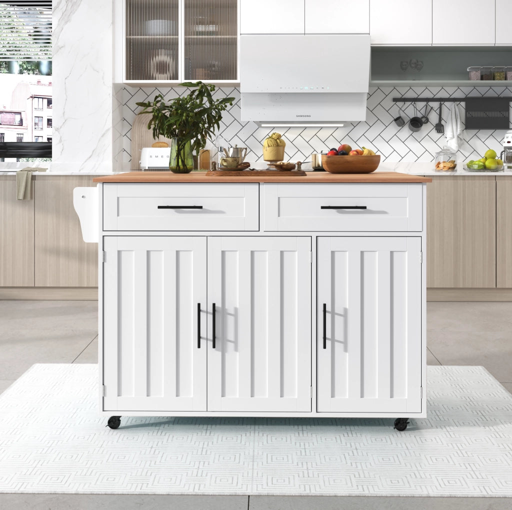 Carrello cucina con piano pieghevole, cassetti e ruote, bianco e naturale
