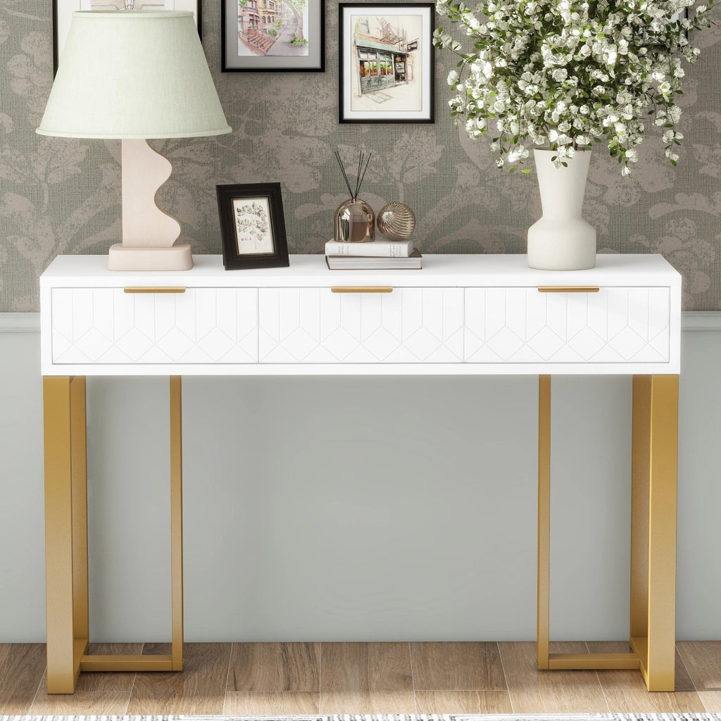 Consolle con 2 cassetti e motivi geometrici, struttura in MDF, per soggiorno e ingresso, bianco e oro