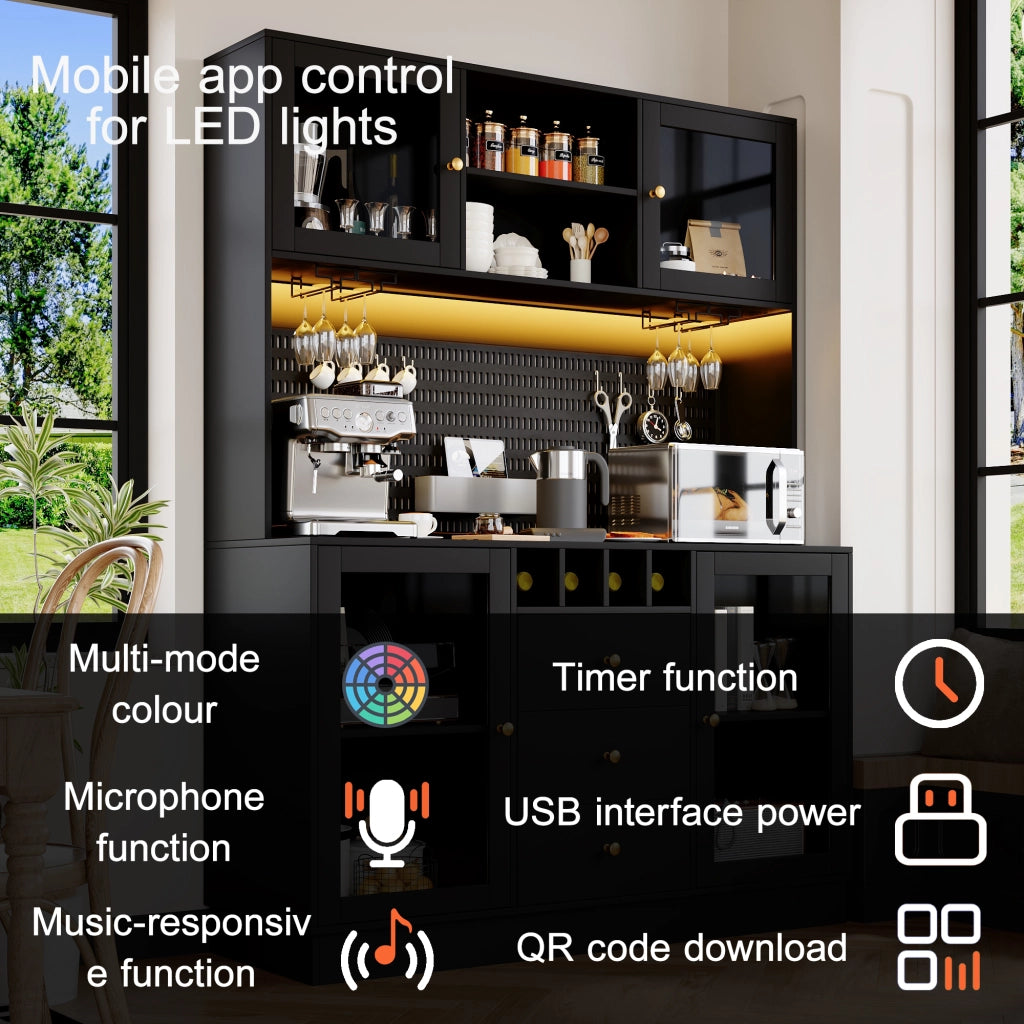 Credenza con LED controllata da app, ripiani regolabili, portabottiglie e portasbicchieri in MDF e vetro nero 140 × 40 × 185,7 cm