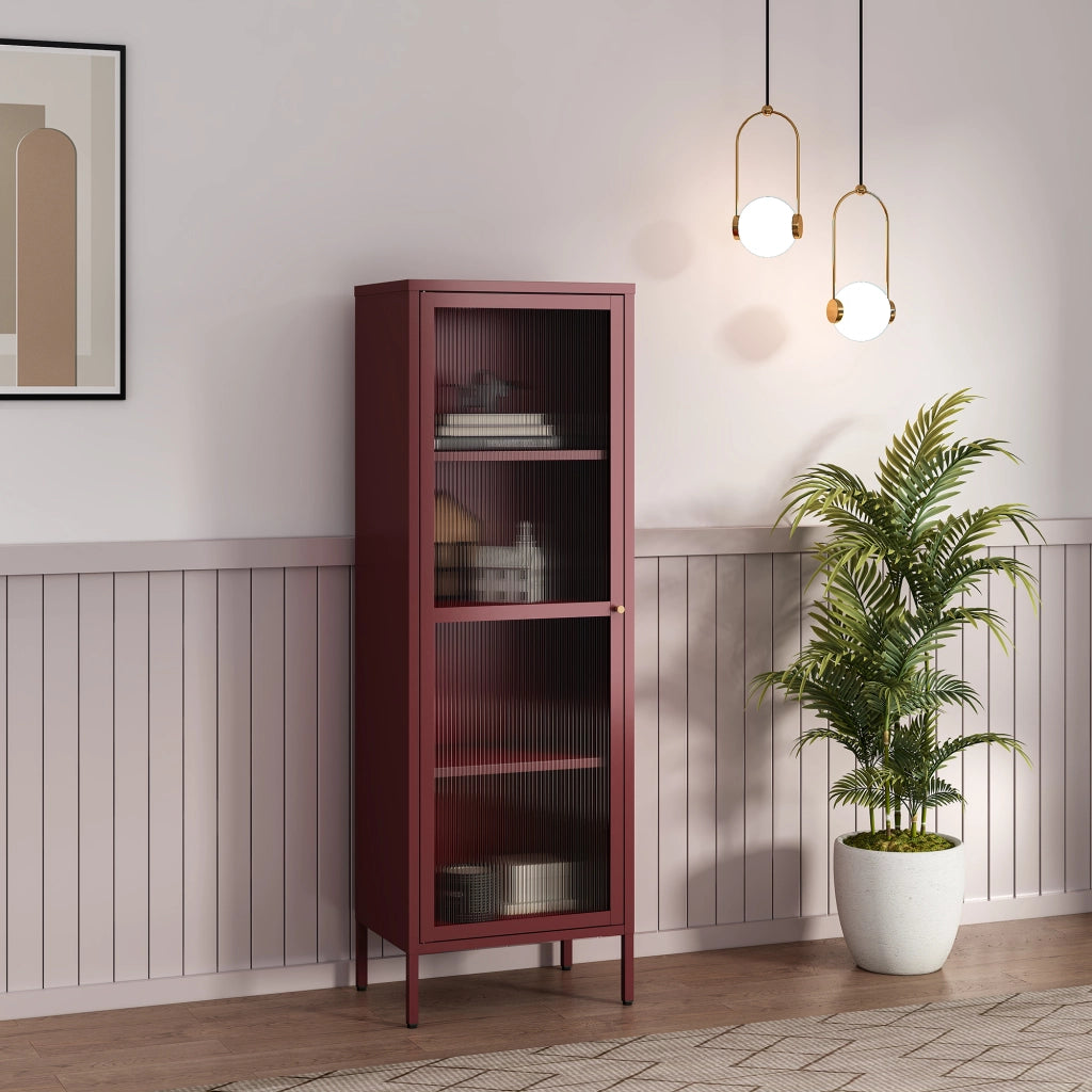 Armadio a Vetrata Säkylä con 4 Scomparti 150 x 50 x 35 cm in Acciaio - Rosso Vino [en.casa]
