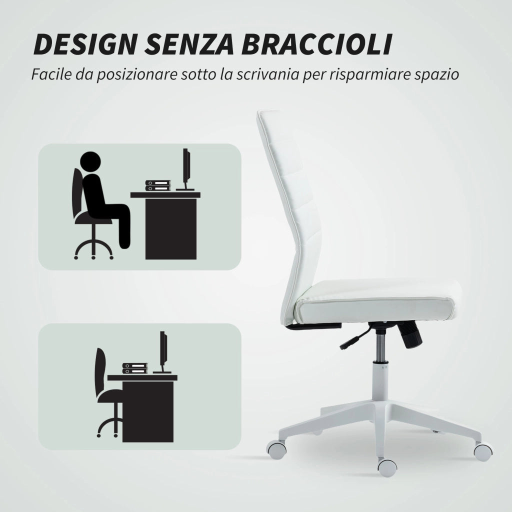 Sedia da Ufficio Ergonomica e Regolabile con Schienale Ricurvo, in Pelle PU e Acciaio, 58x53x97-107 cm, Bianco