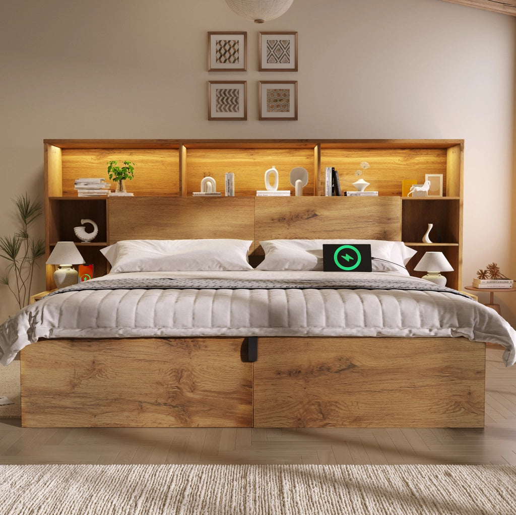 Letto matrimoniale 160x200 cm rovere con LED e USB-C
