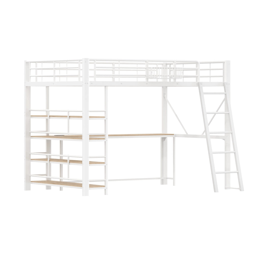 Letto a Soppalco Matrimoniale 140x200 cm; Scrivania; USB; LED e Mensole; Bianco