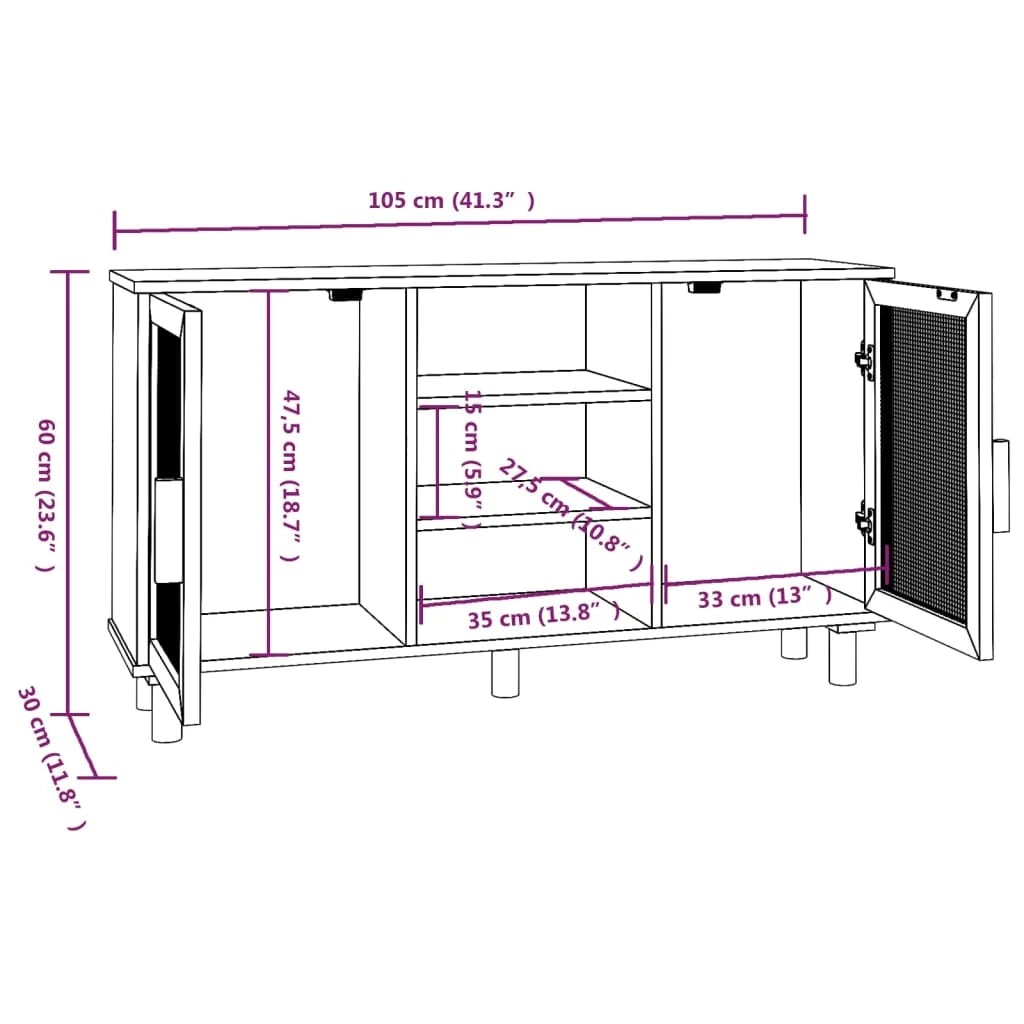 Buffet credenza cassettiera armadio mobile contenitore organizer per cucina soggiorno salotto 105 x 30 x 60 cm legno massello di pino e rattan marrone naturale 02_0035714