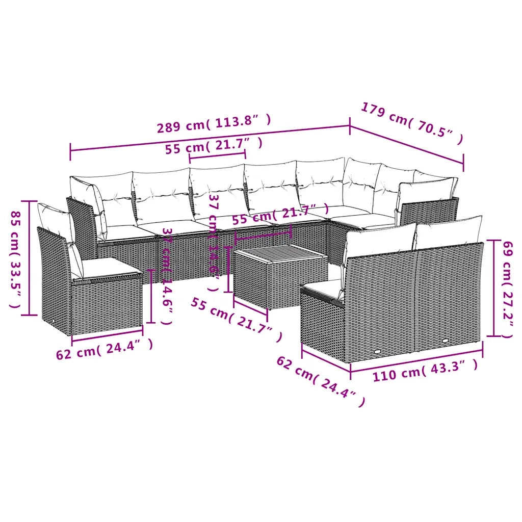 Set Divani da Giardino 11 pz con Cuscini in Polyrattan Nero 3256028