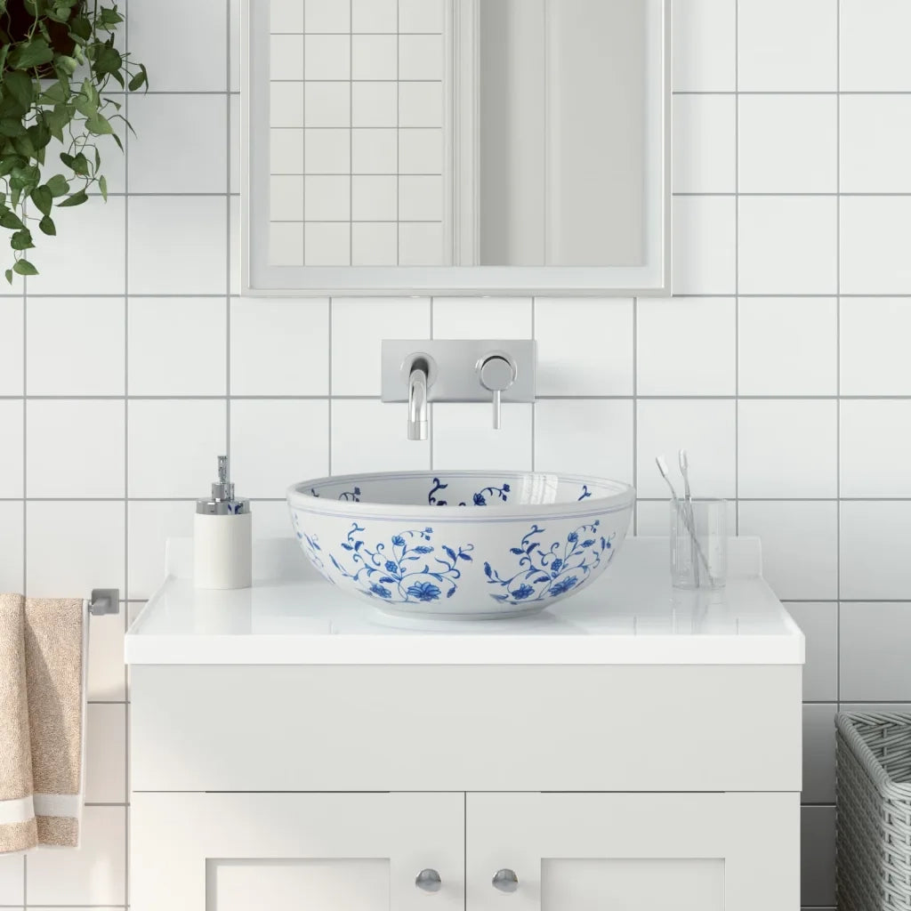 Lavabo da Appoggio Bianco e Blu Rotondo ¦µ41x14 cm Ceramica CFW2554558