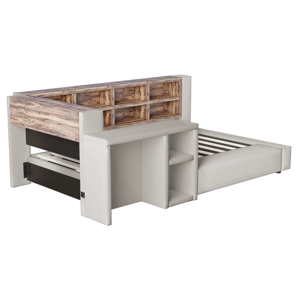 Letto imbottito 90x200 cm con vani portaoggetti; LED; prese integrate e comodino; grigio chiaro