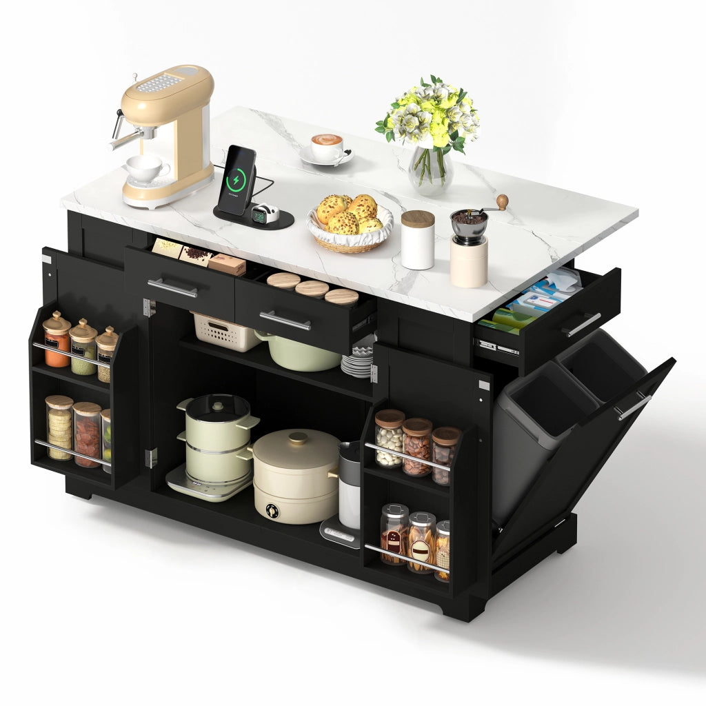 Isola cucina 138 cm con piano ribaltabile; ruote silenziose; presa EU; finitura nera