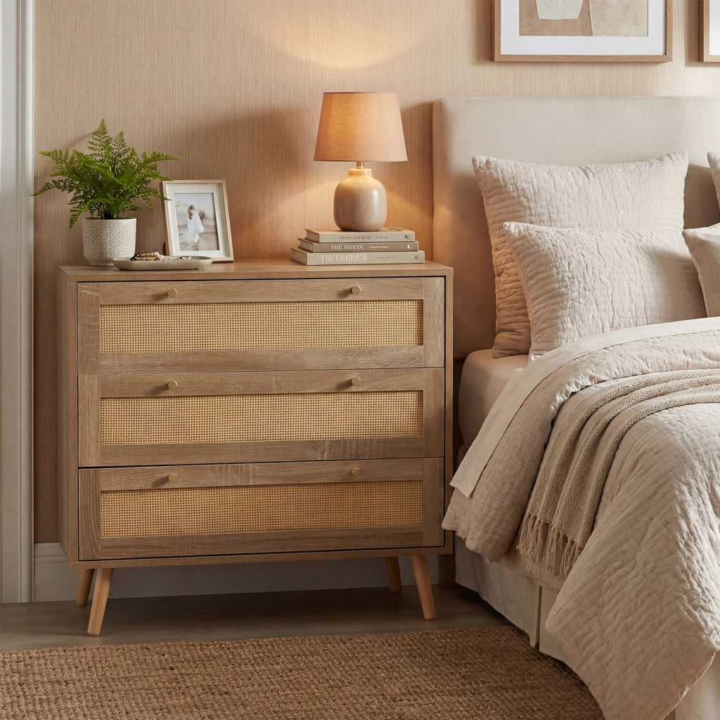 Cassettiera in rattan a 3 cassetti stile boho gambe in legno di pino, Tavolino rustico per soggiorno camera da letto e ingresso Naturale