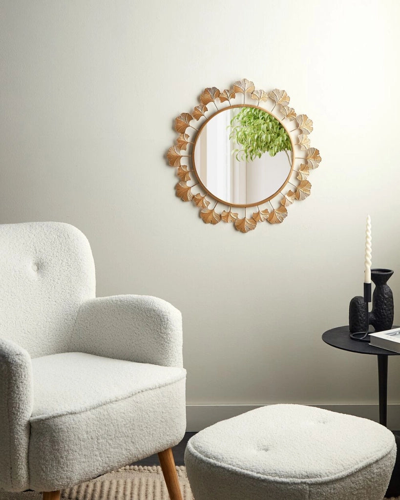 Specchio decorativo rotondo in legno di gingko e metallo oro da 60 cm camera da letto corridoio