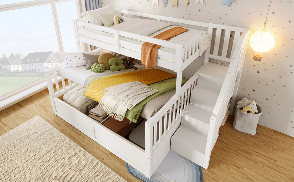 LETTO a castello con scala contenitore 90x200+140x200 cm in pino e MDF bianco
