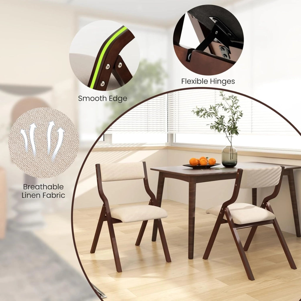 Set di 2 Sedie Pieghevoli da Sala da Pranzo, in Legno Massello con Seduta Imbottita e Schienale in Lino, per Cucina, Soggiorno, Ufficio,2 Colori