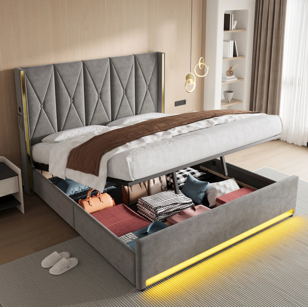 Letto imbottito 180x200 cm con contenitore; USB Type-C e LED in velluto grigio scuro
