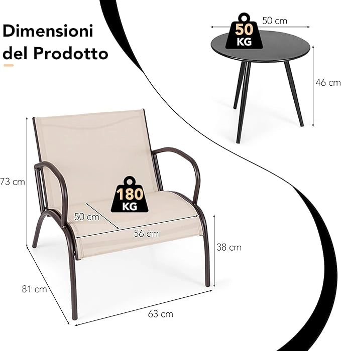 Set Tavolino e Poltrona a 3 Pezzi, Tavolino e Poltrone da Giardino con Seduta Curvata in Tessuto, Set di Mobili Esterno da Bistro, per Giardino Balcone Piscina