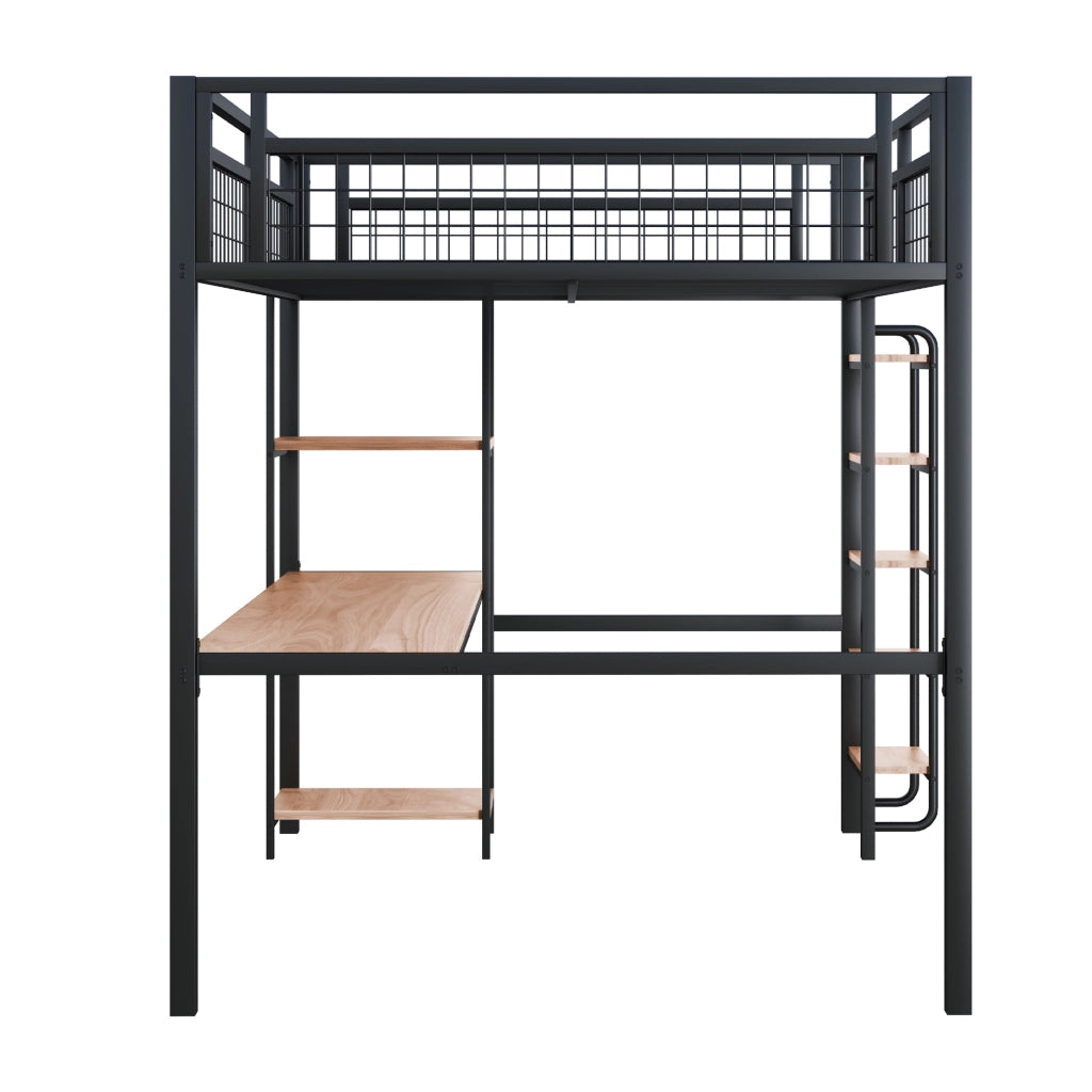 Letto a Soppalco 140 x 200 cm; Letto Matrimoniale con Scrivania; Scaffali e Scala di Sicurezza