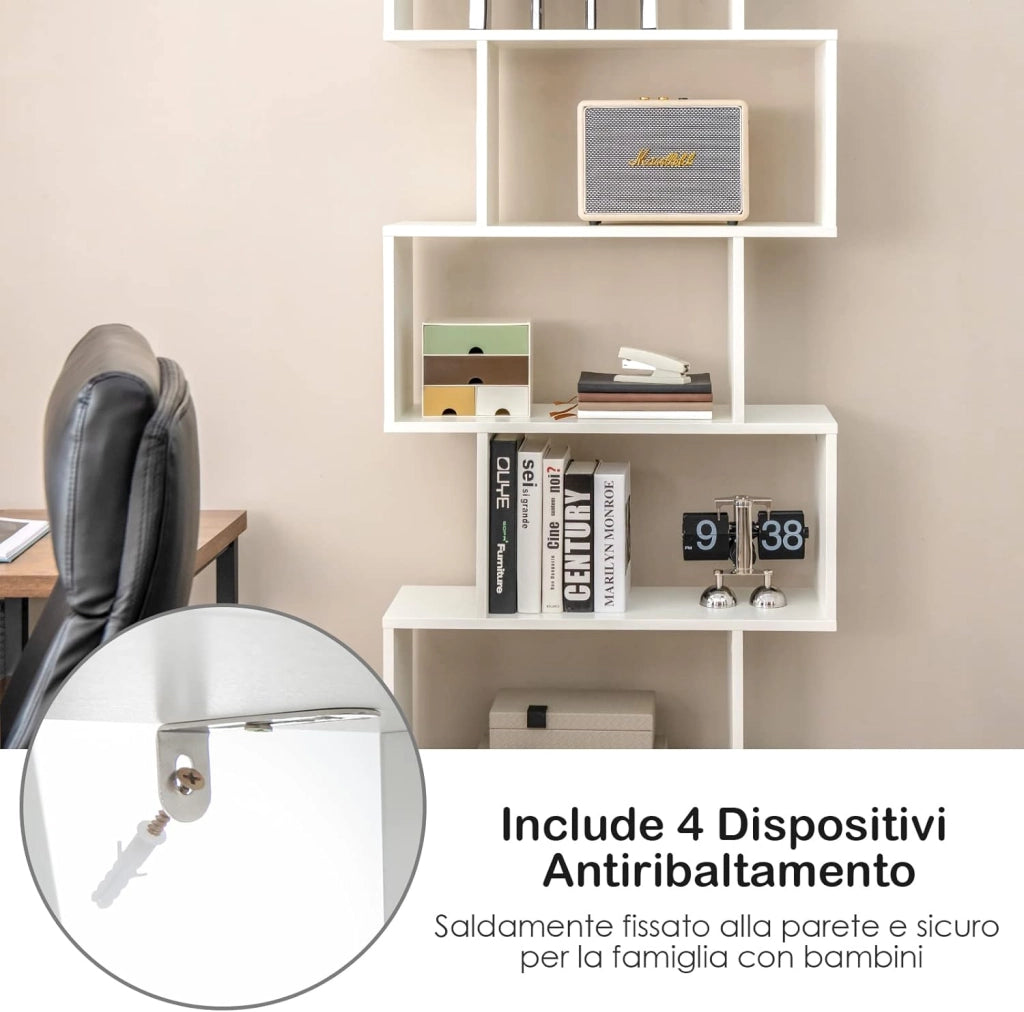 Libreria in Legno, Scaffale Multifunzionale con 5 Ripiani, per Ufficio ,Casa, Ripiano a Forma di S, 70 x 23 x 183 cm (Bianco)